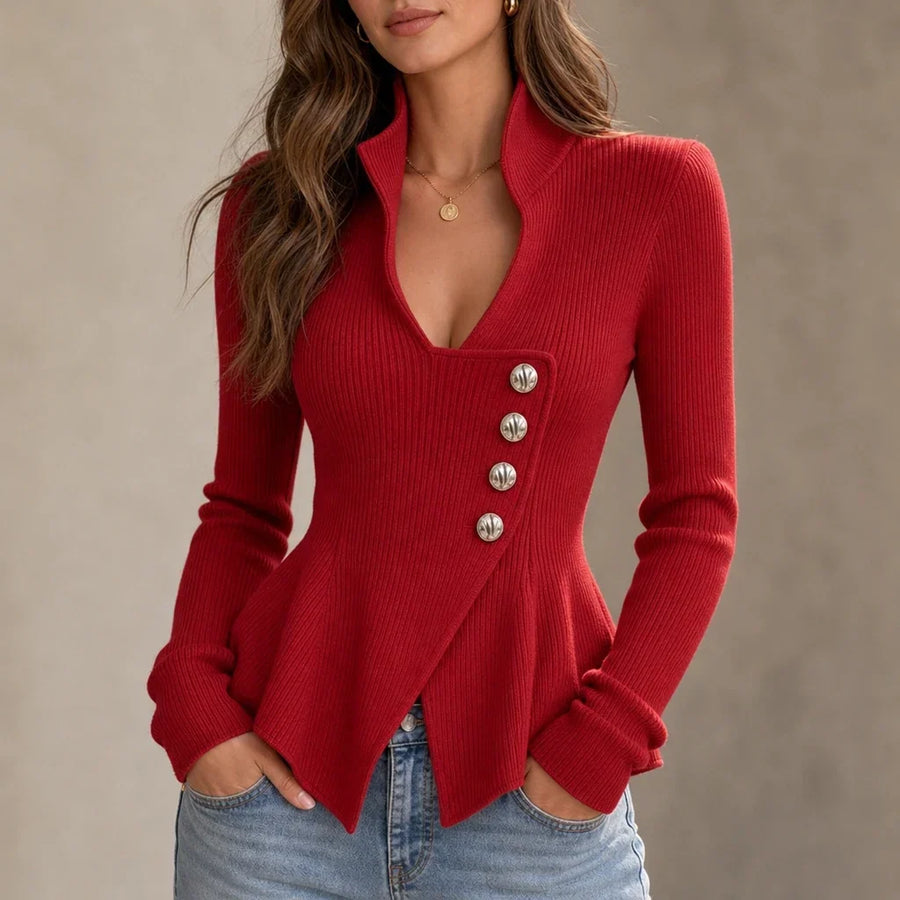 Velora – Asymmetrical Button Ribbed Peplum Top