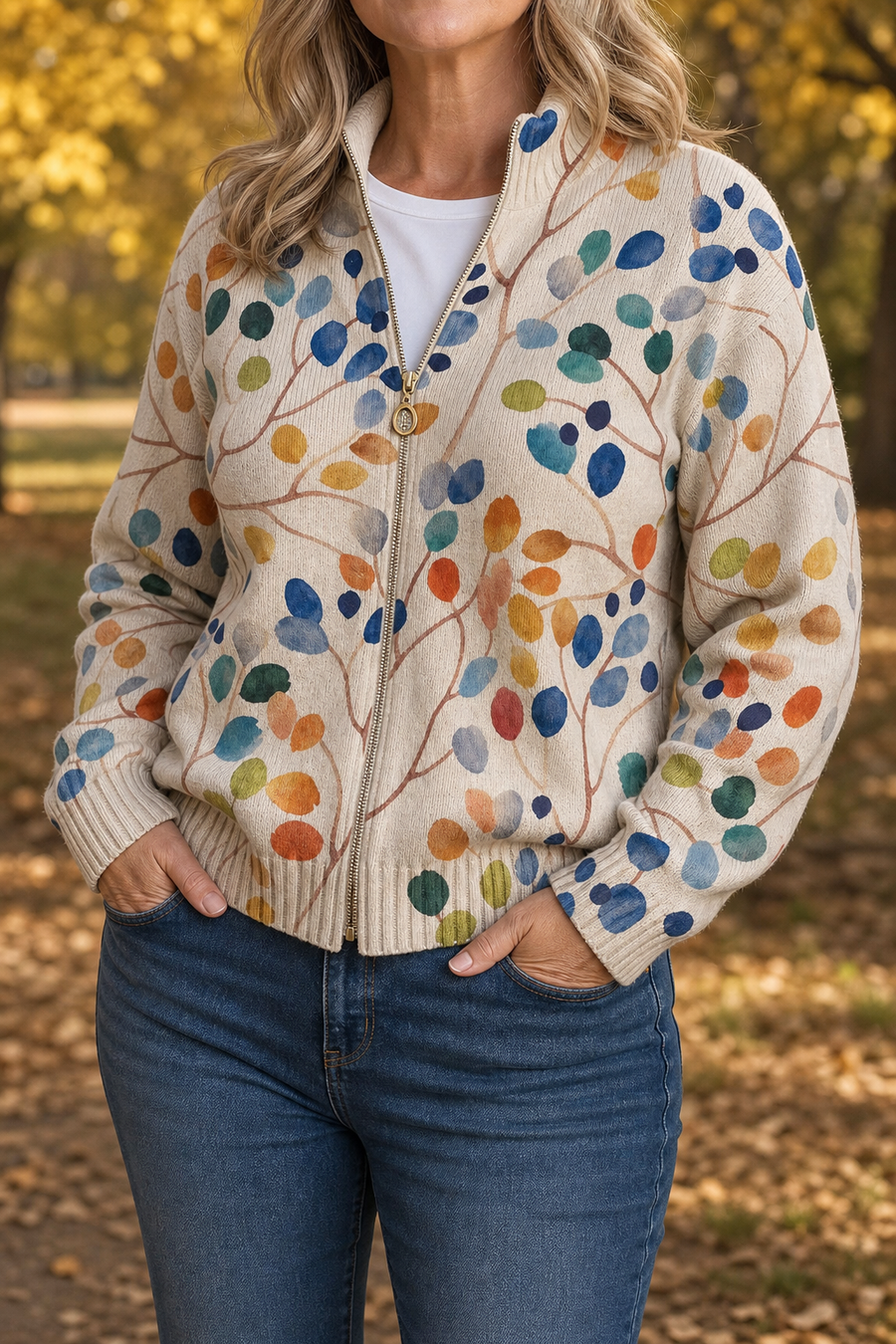 Threezip – Botanical Print Zip-Up Bomber Cardigan