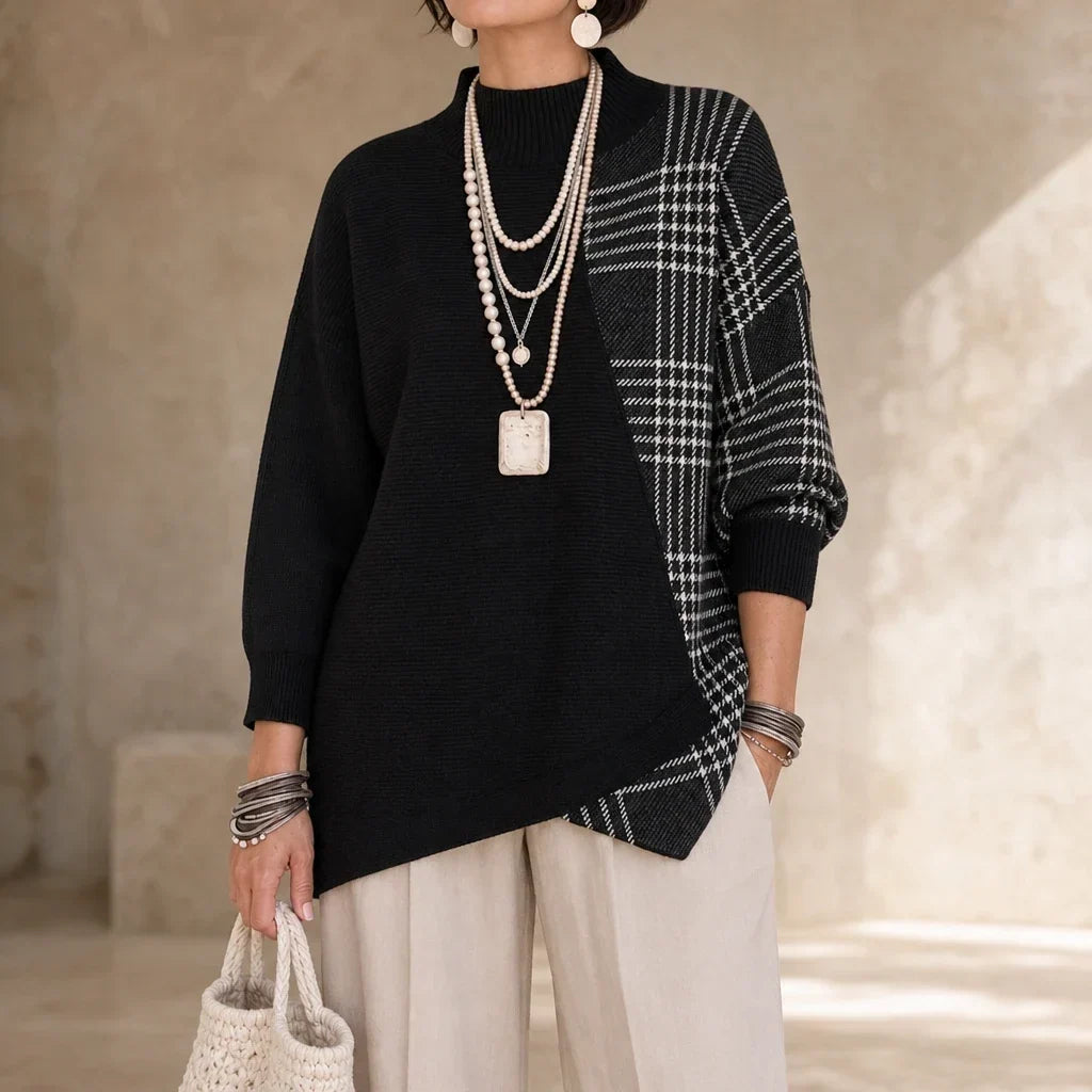 Plaidelle – Asymmetrical Plaid Panel Knit Sweater