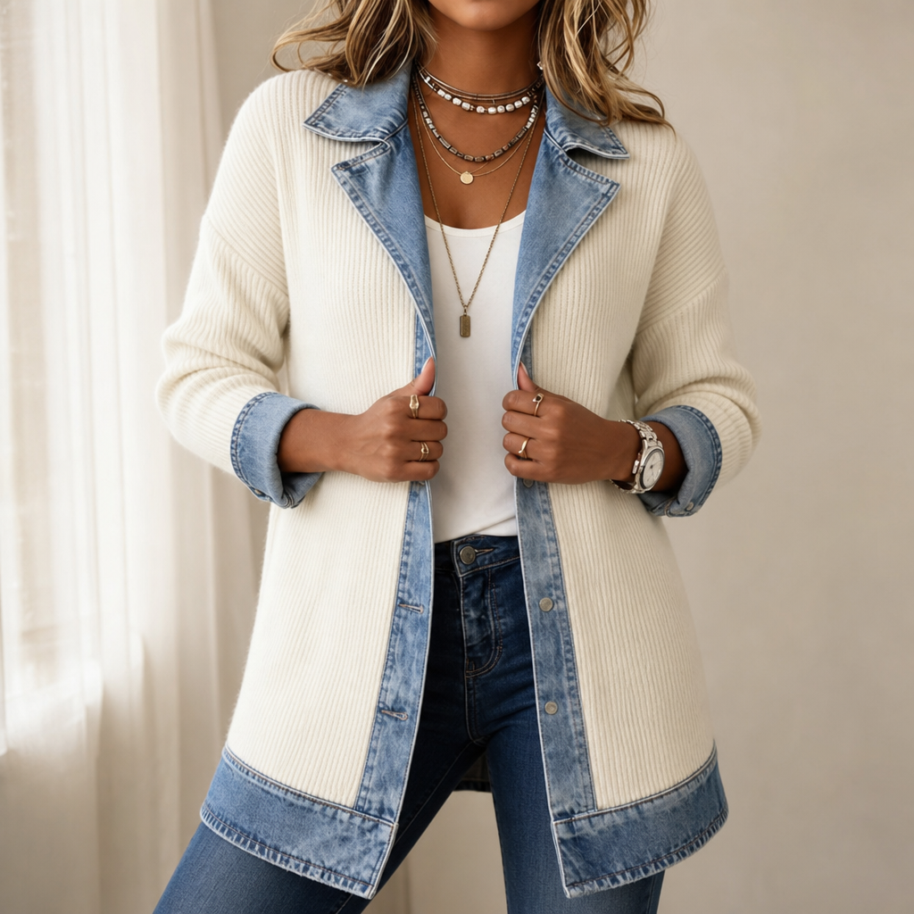 Ribova | Ribbed Knit Coat With Denim Panels