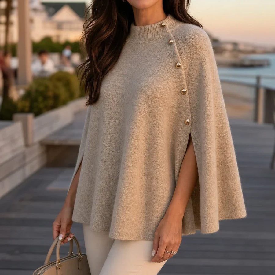 Velora – Button-Detail Side-Slit Knit Poncho Sweater