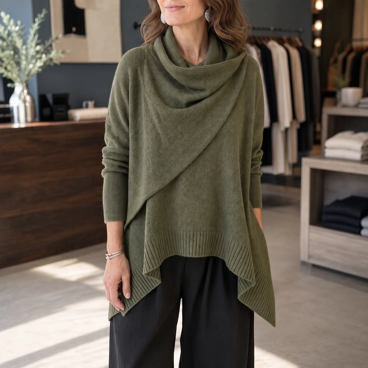 Cowlora – Draped Cowl-Neck Knit Pullover