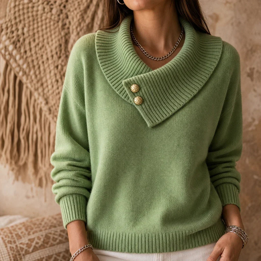 Foldelle – Asymmetrical Ribbed Collar Button Sweater