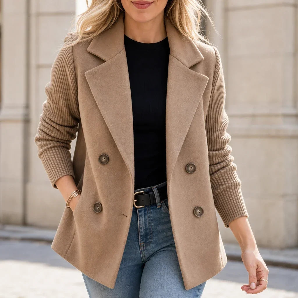 Celeste – Suede-Look Double-Breasted Knit-Sleeve Jacket