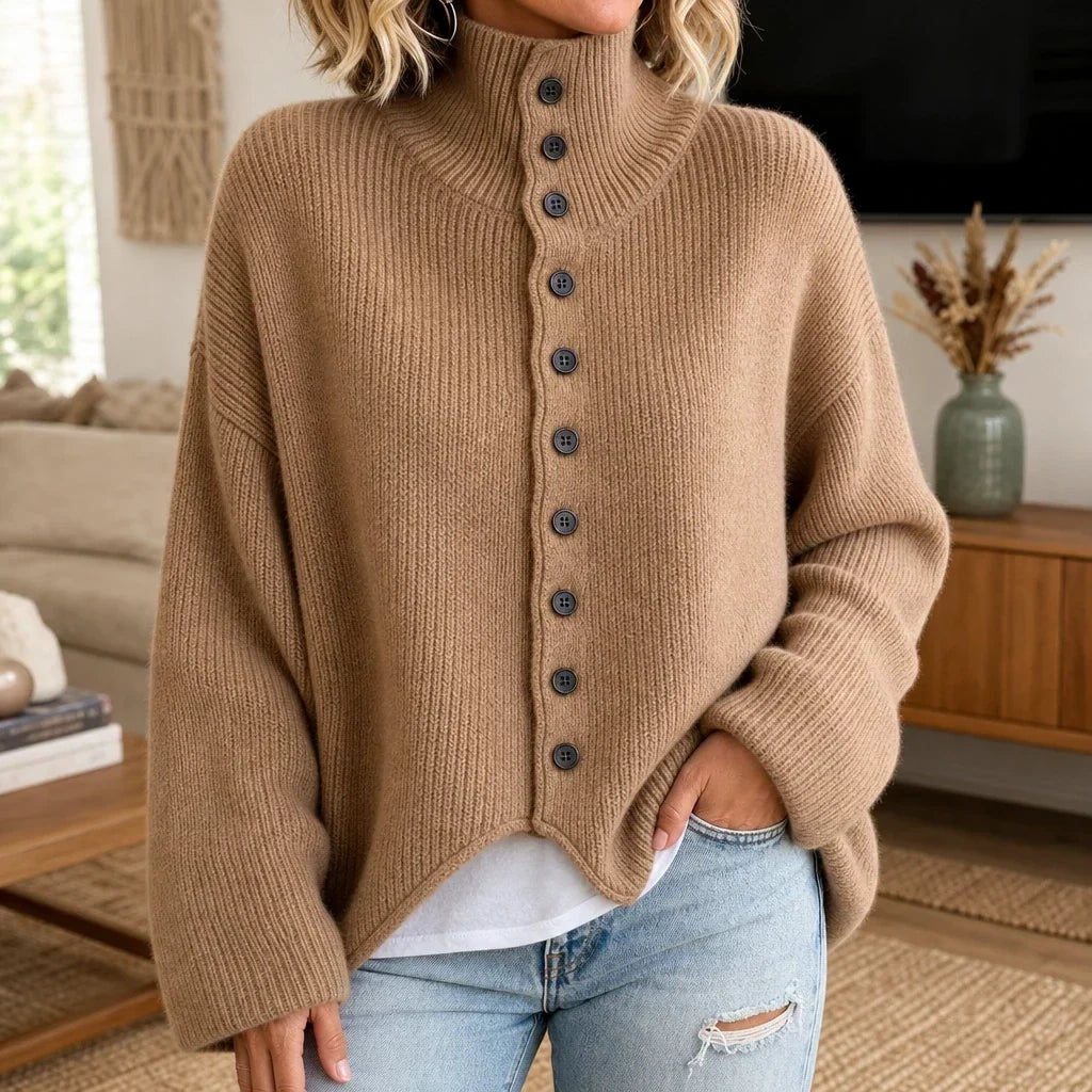 Sorella – Ribbed Asymmetric Button-Front Sweater