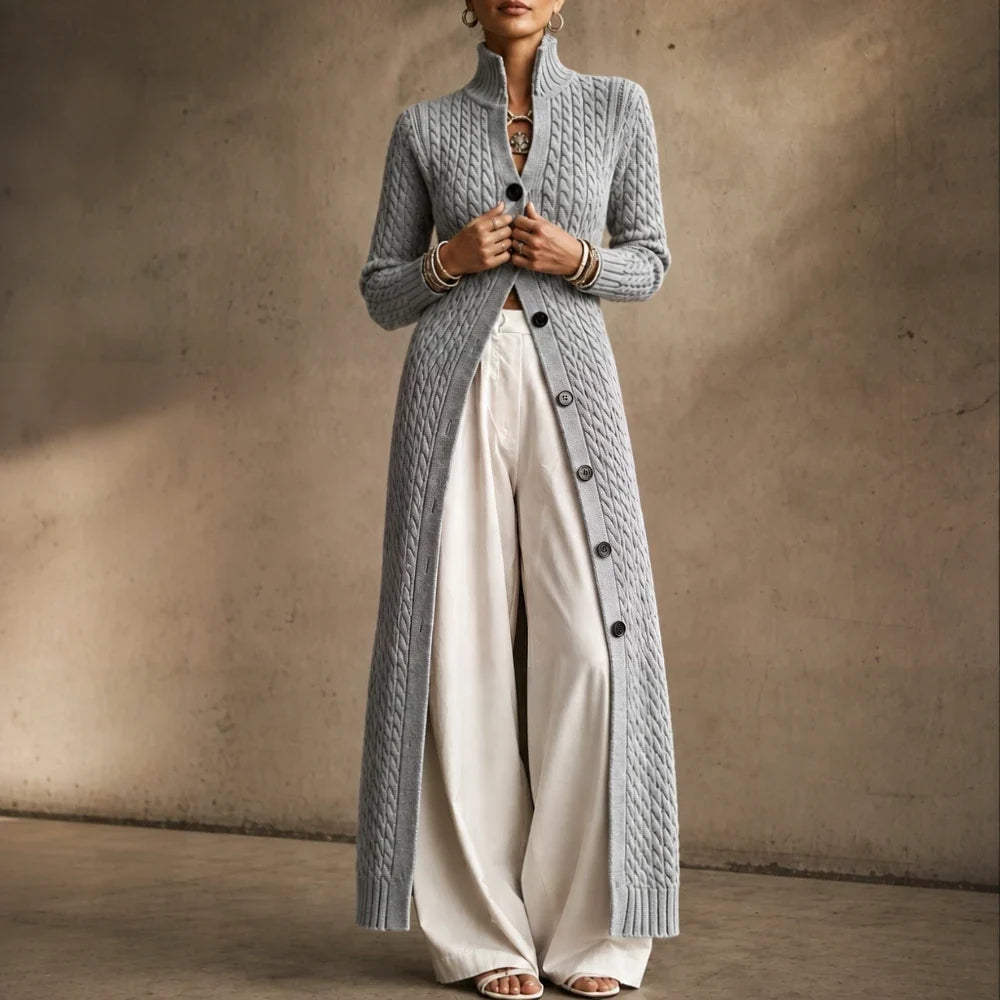 Cablemere – High Collar Cable-Knit Duster Cardigan