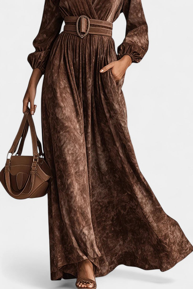 Chocolate Velvet Maxi Dress With V-Neck