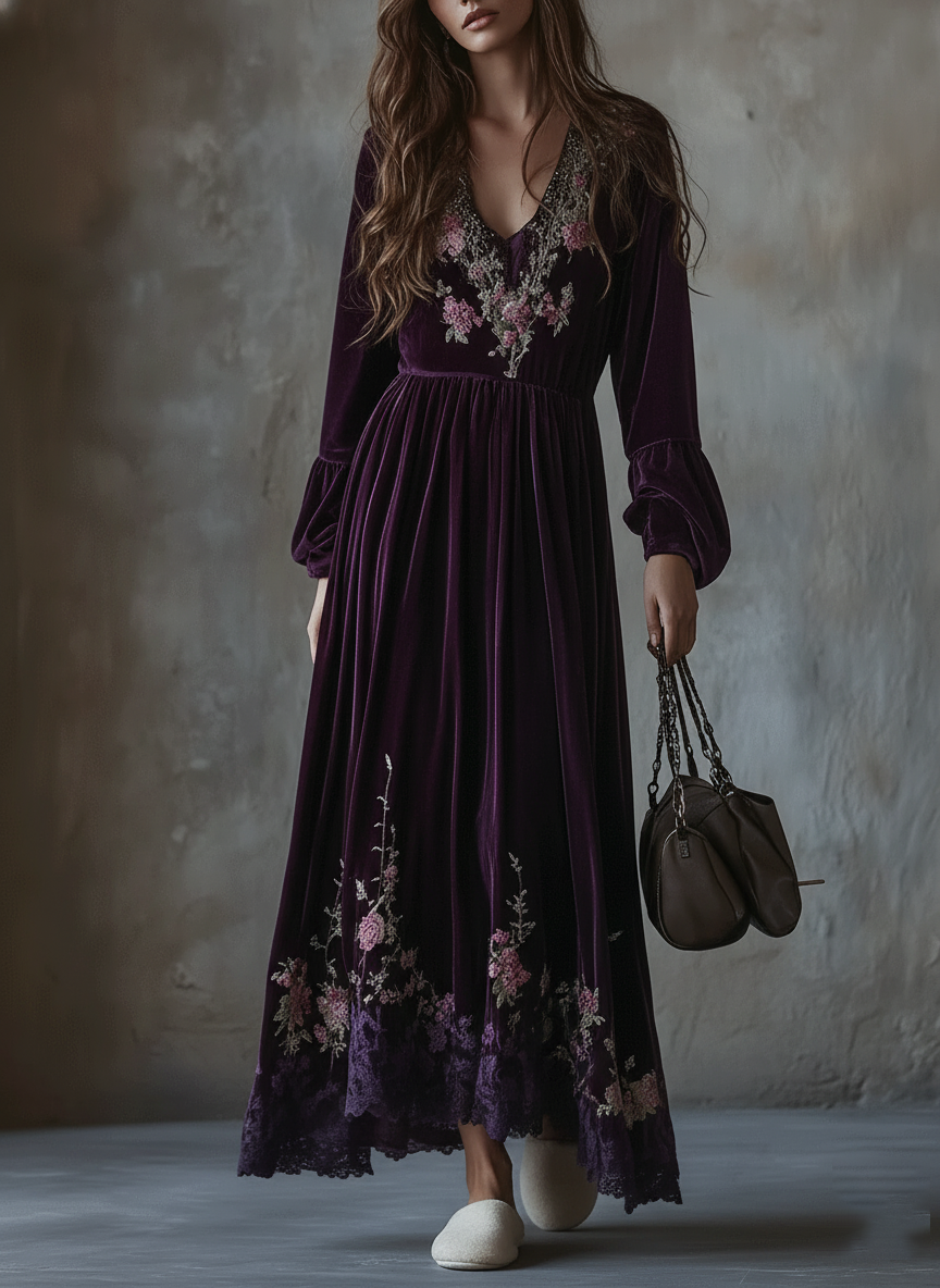 Vintage Floral Embroidered Velvet Maxi Dress