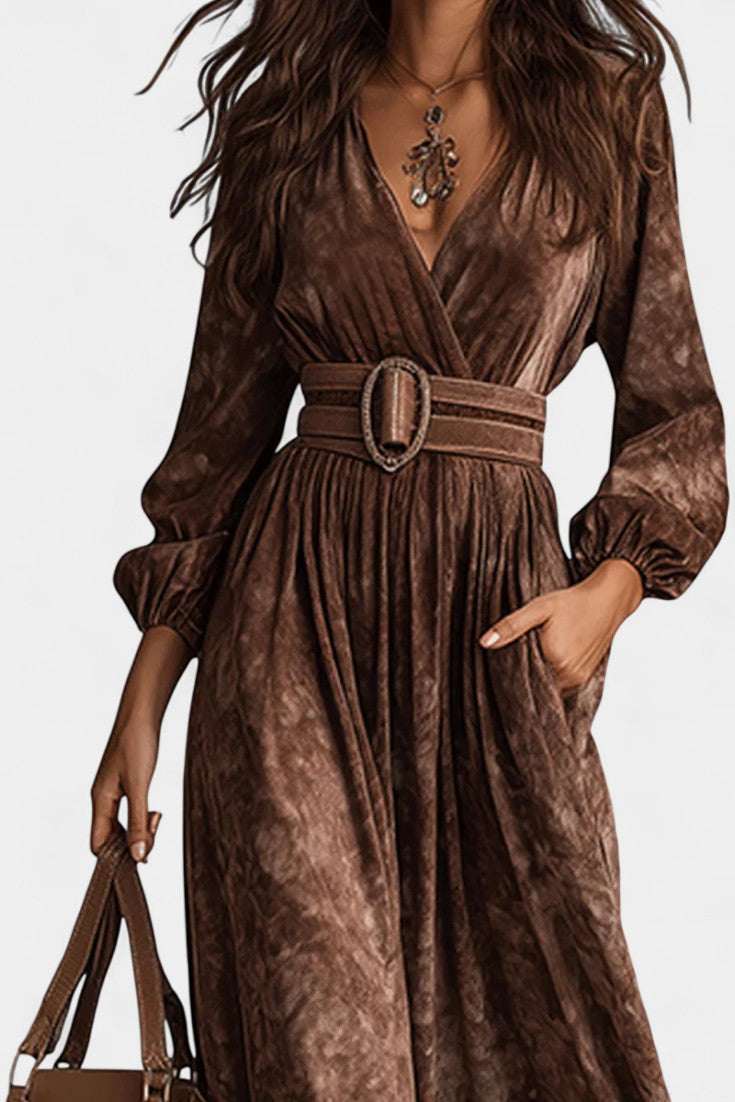 Chocolate Velvet Maxi Dress With V-Neck