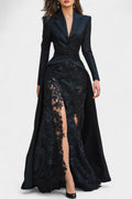 Flavienne Long Satin And Black Lace Blazer Dress