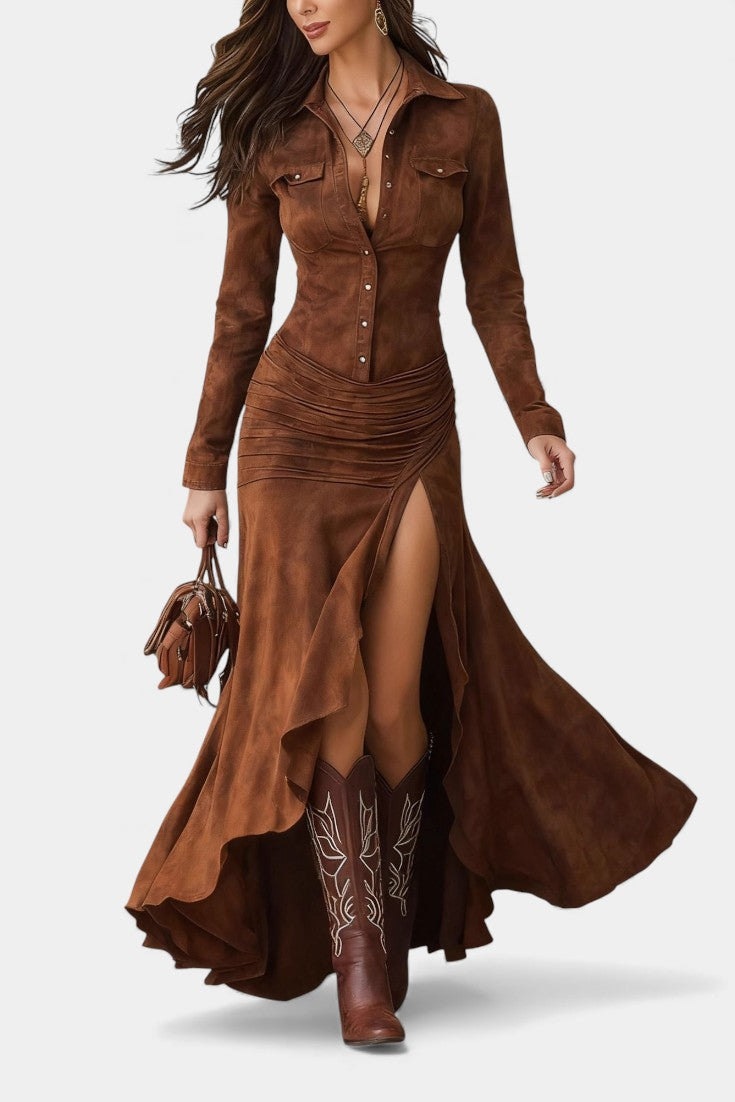 Tilda Long Brown Retro Ruffled Dress