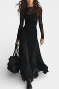 Albéria Long Flowing Black Tulle Patchwork Dress