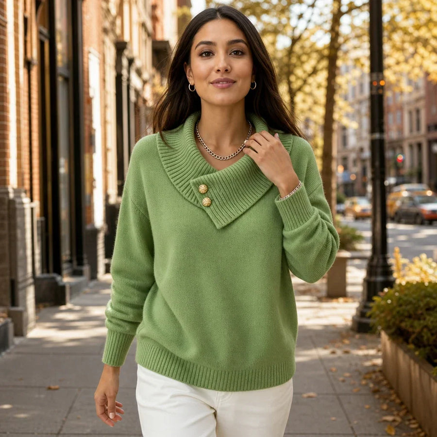 Foldelle – Asymmetrical Ribbed Collar Button Sweater