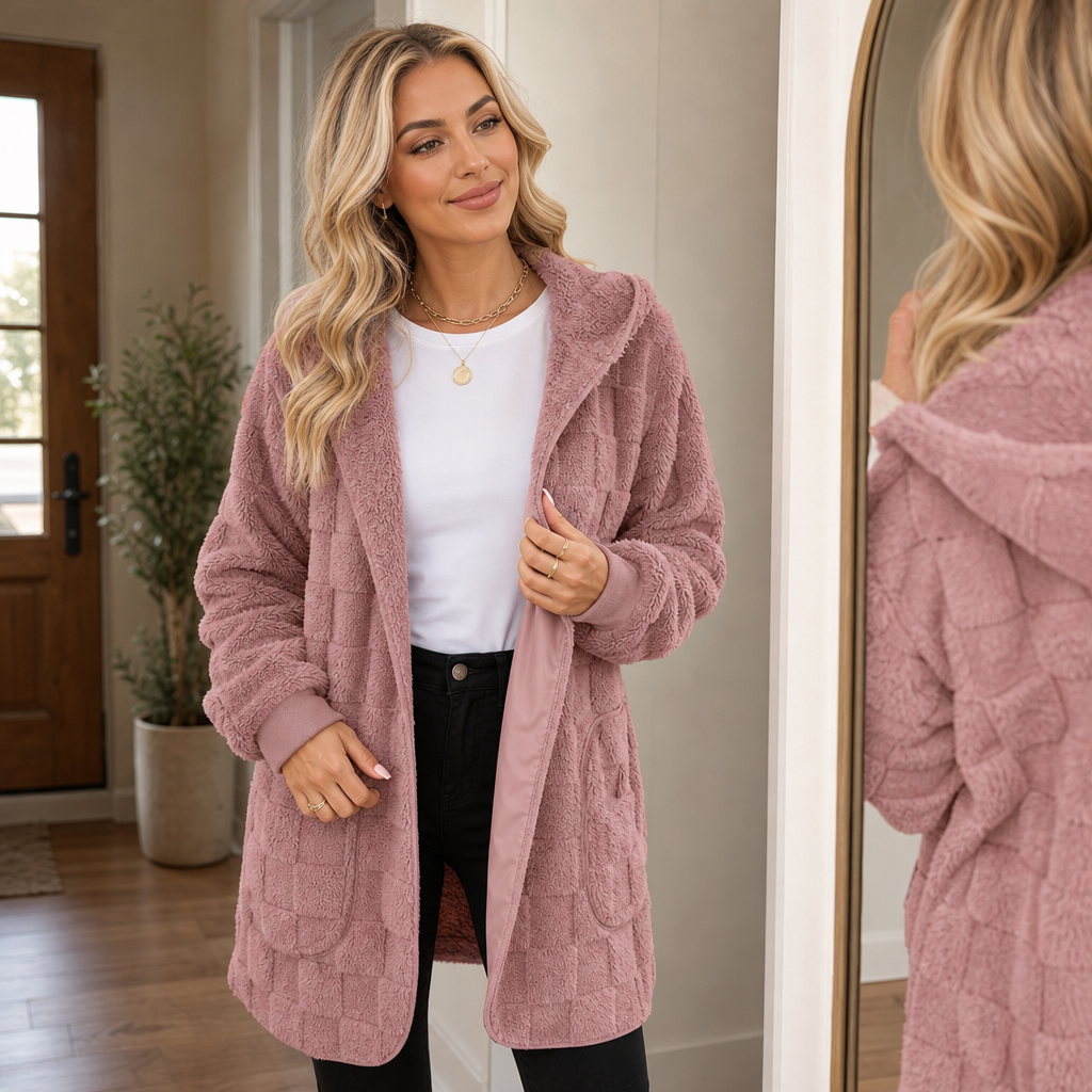 Checkora – Fluffy Checked Open-Front Cardigan