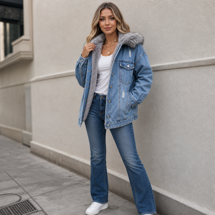 Wearbella – Fur-Collar Distressed Denim Jacket
