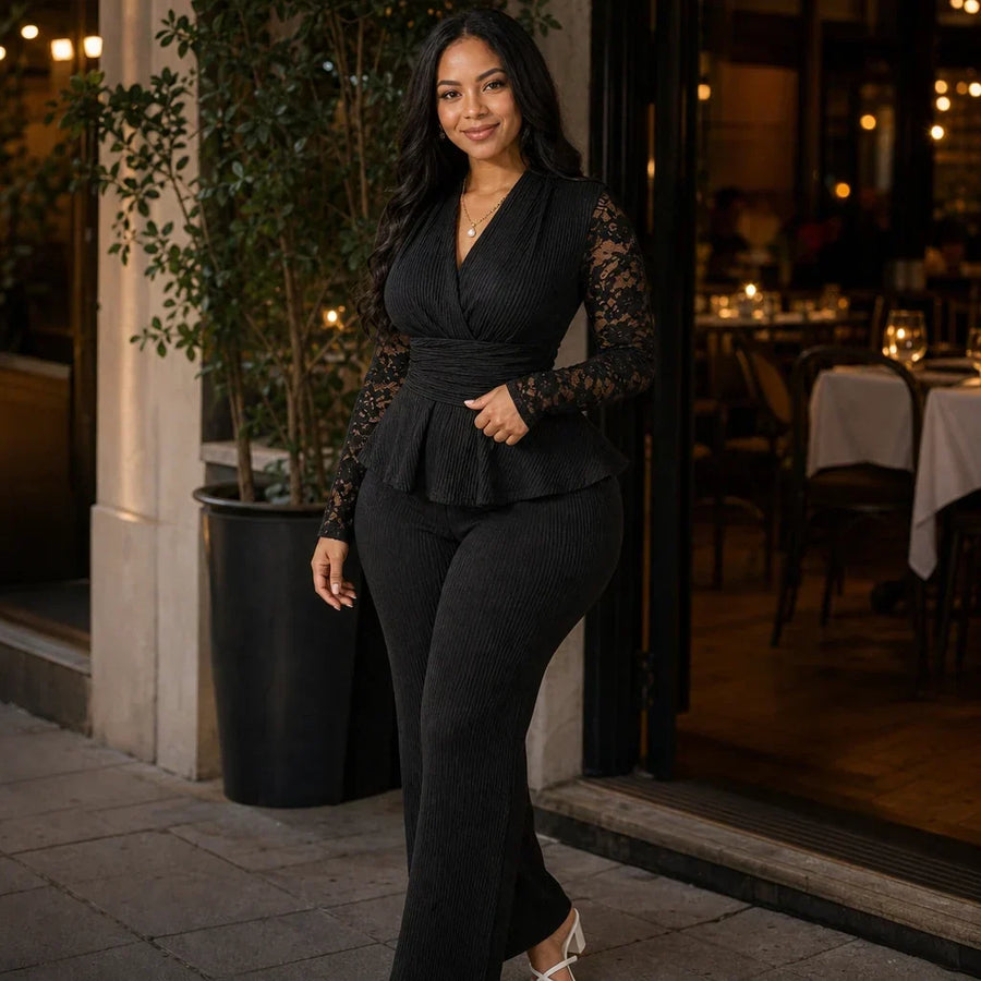 Vellora – Pleated Peplum Floral-Lace Two-Piece Pantsuit