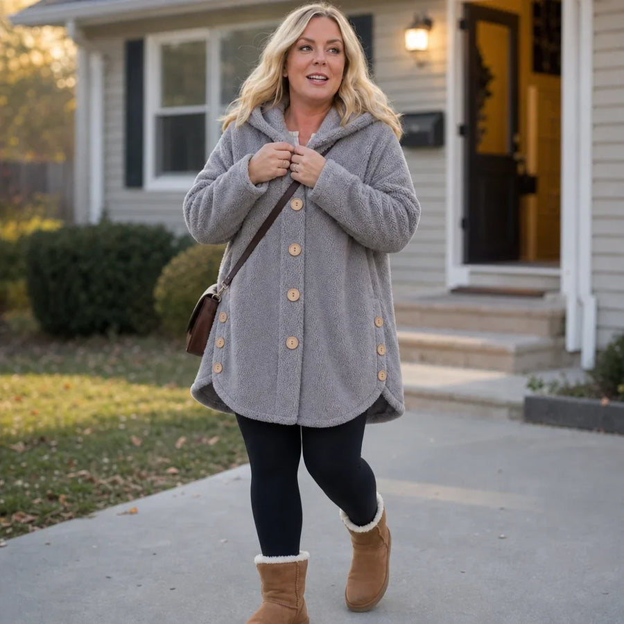 Cozy Button – Asymmetrical Hem Hooded Fleece Coat