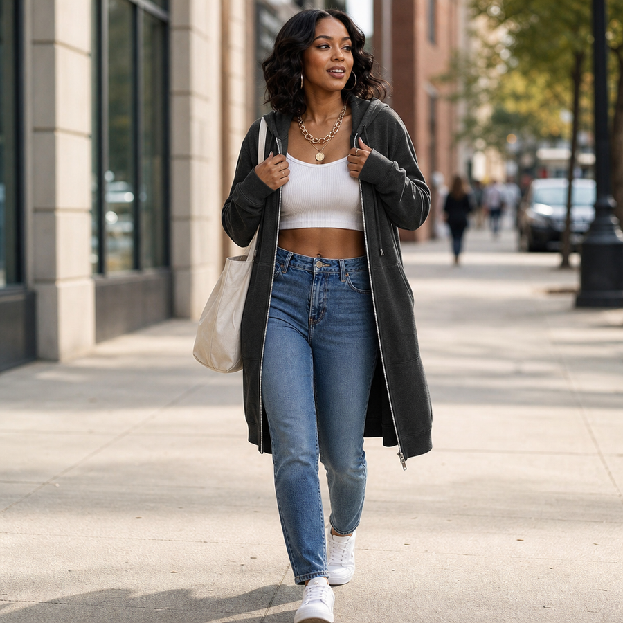 Cozyline – Fleece-Lined Tunic-Length Zip-Up Hoodie