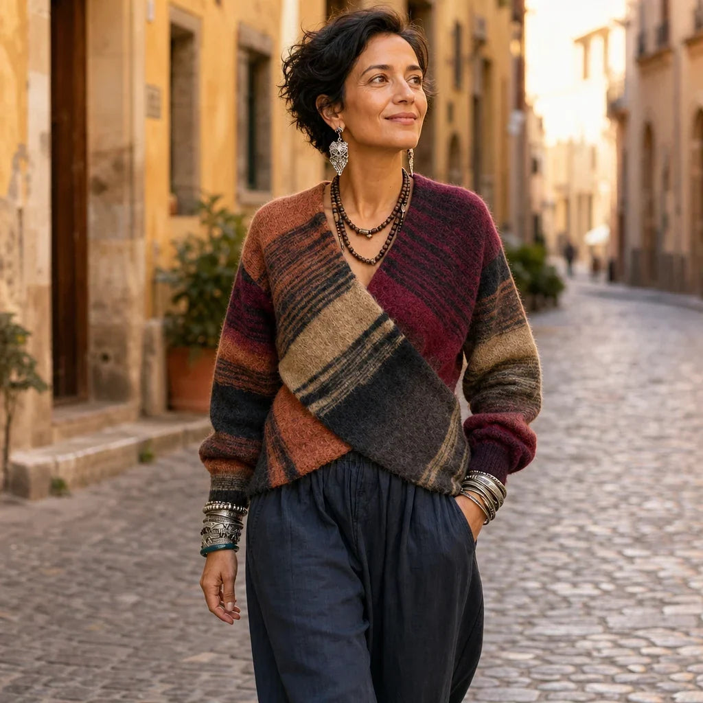 Wearbella – Multicolor Faux-Wrap Striped Knit Sweater