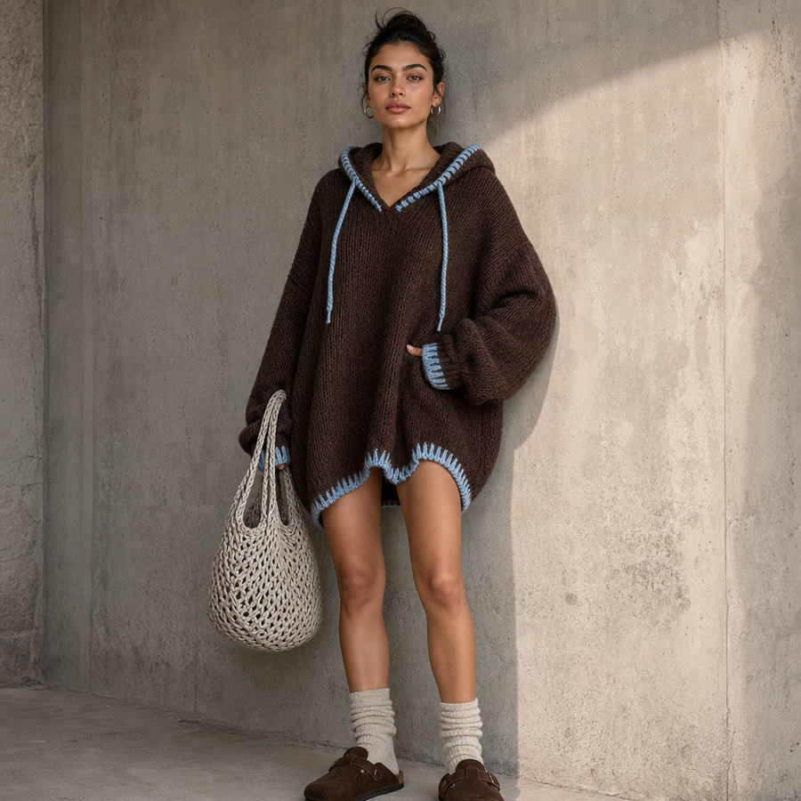 Cozyline – Contrast-Trim Hooded Sweater Dress