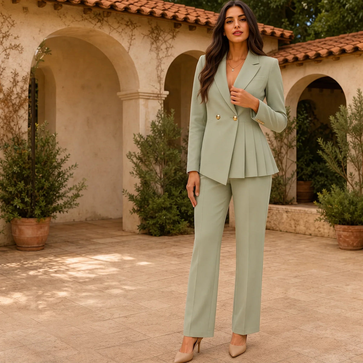 Vellaire – Double-Breasted Pleated Peplum Trouser Suit