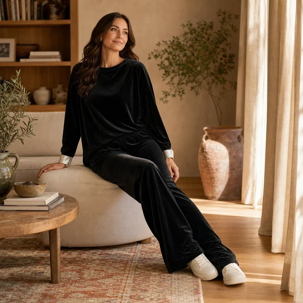 Veloura – Velvet-Look Long-Sleeve Top And Wide-Leg Pants Set