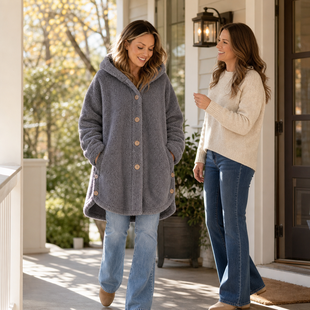 Veluna – Asymmetrical Button-Front Hooded Fleece Coat