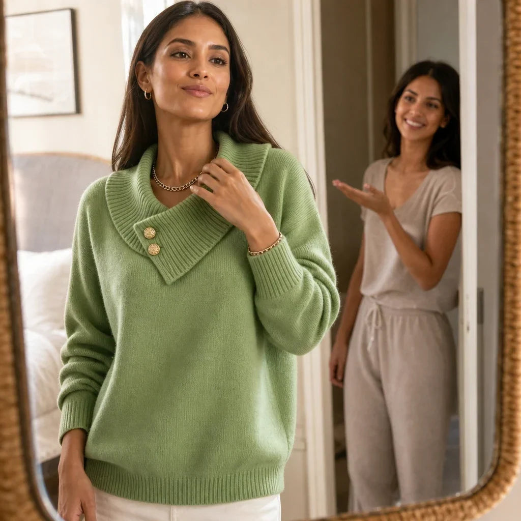Foldelle – Asymmetrical Ribbed Collar Button Sweater