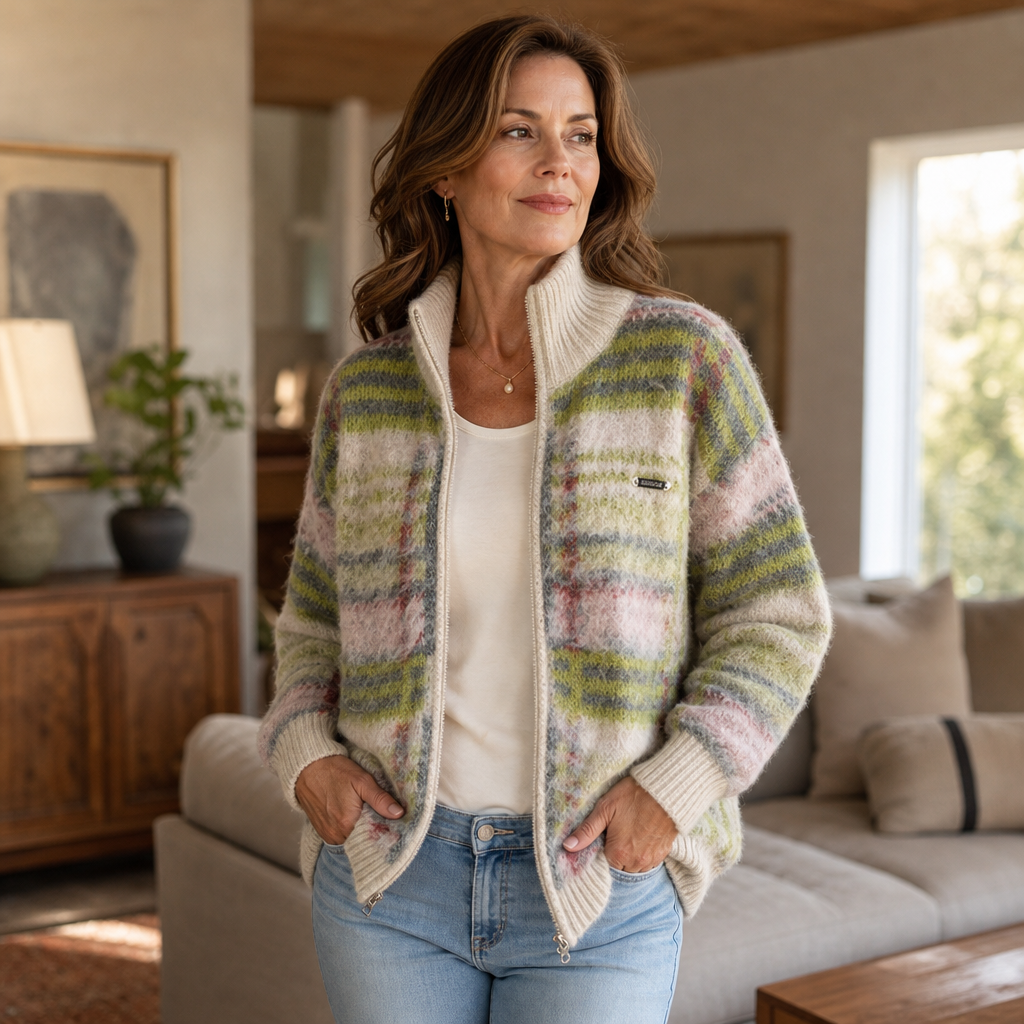 Checkermere – Plush Plaid Zip-Up High-Collar Cardigan