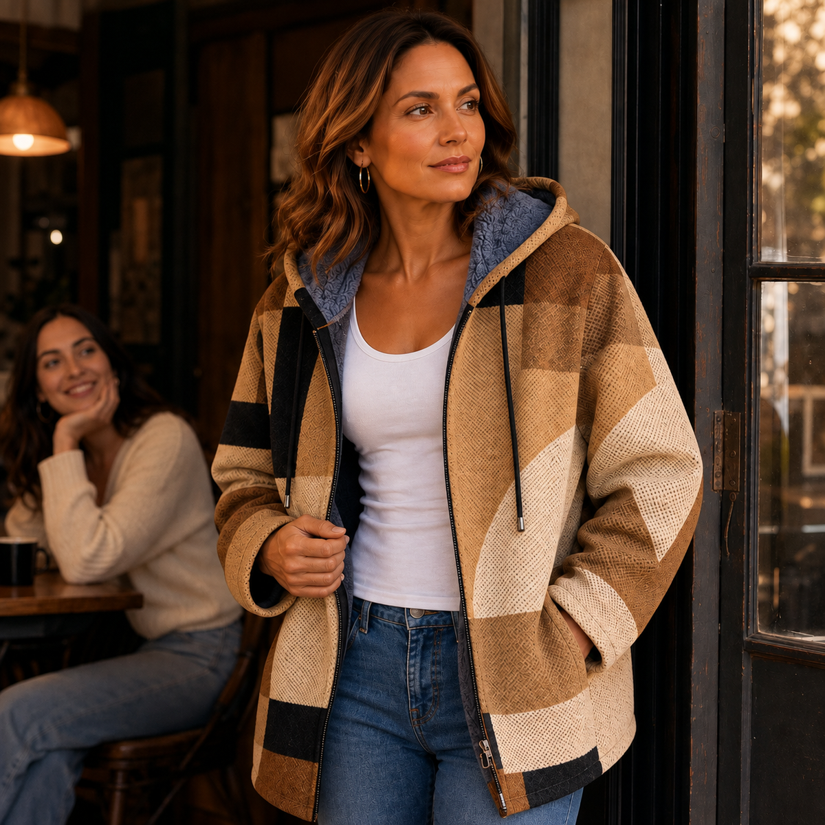 Patchwork & Poise – Geometric Color-Block Hooded Jacket