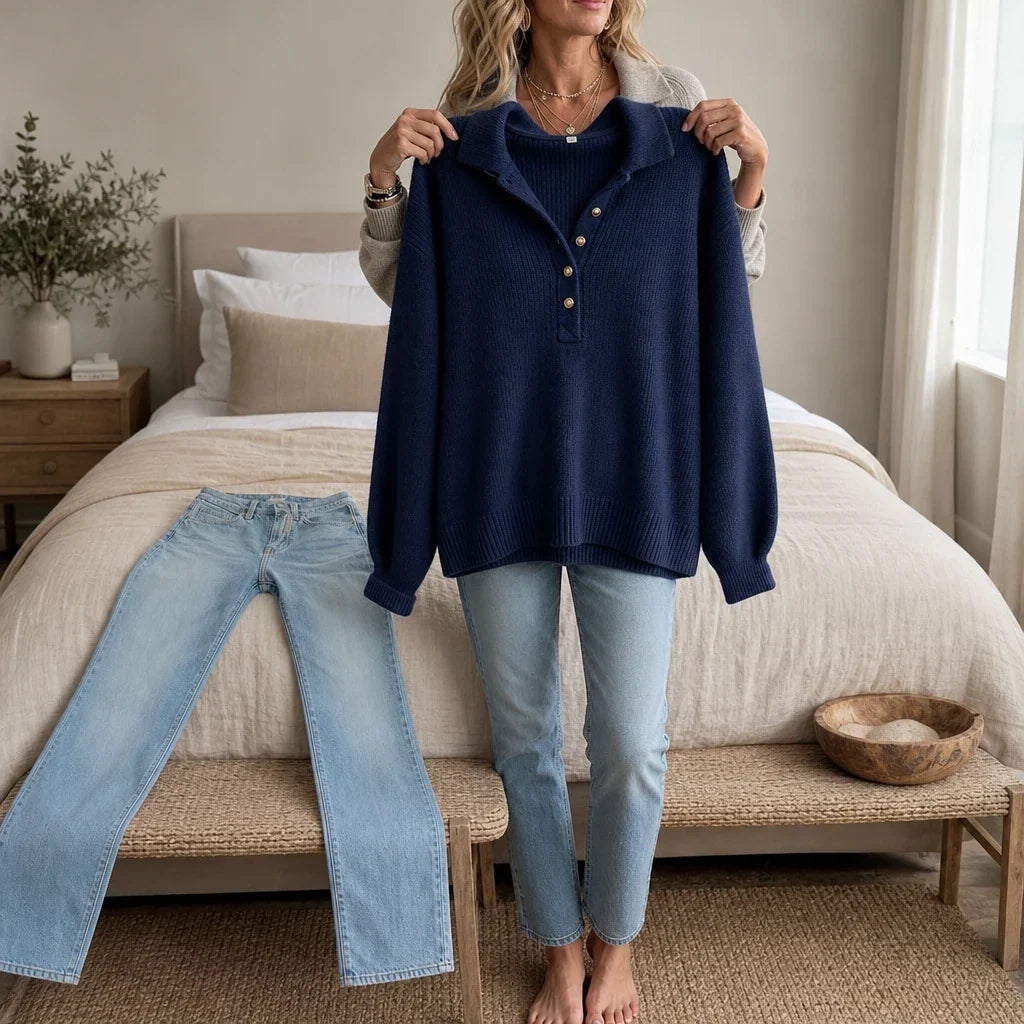 Collar & Knit – Collared Loose-Knit Henley Sweater