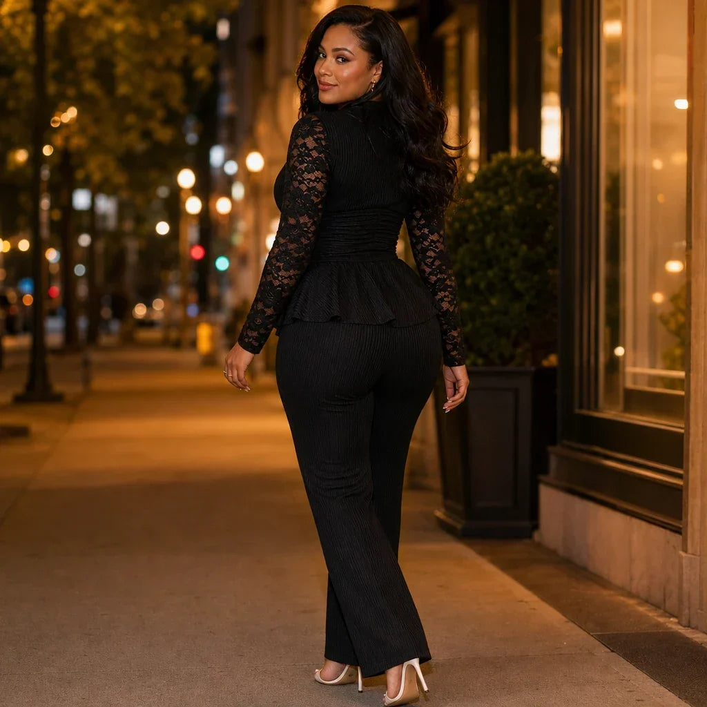 Vellora – Pleated Peplum Floral-Lace Two-Piece Pantsuit
