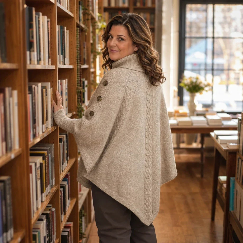 Cabelune – High-Neck Cable-Knit Cape Poncho Sweater