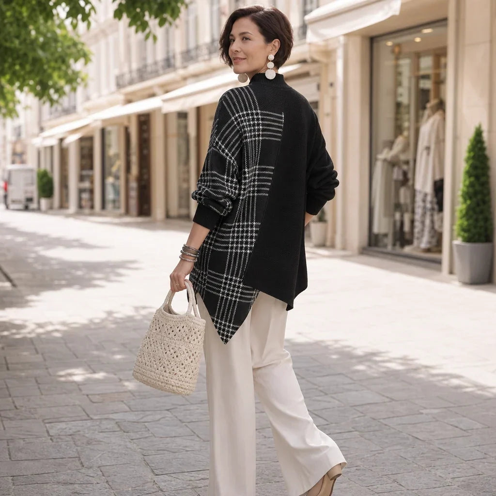 Plaidelle – Asymmetric Plaid Panel Knit Sweater