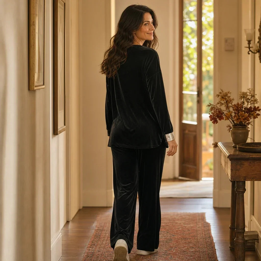 Veloura – Velvet-Look Long-Sleeve Top And Wide-Leg Pants Set