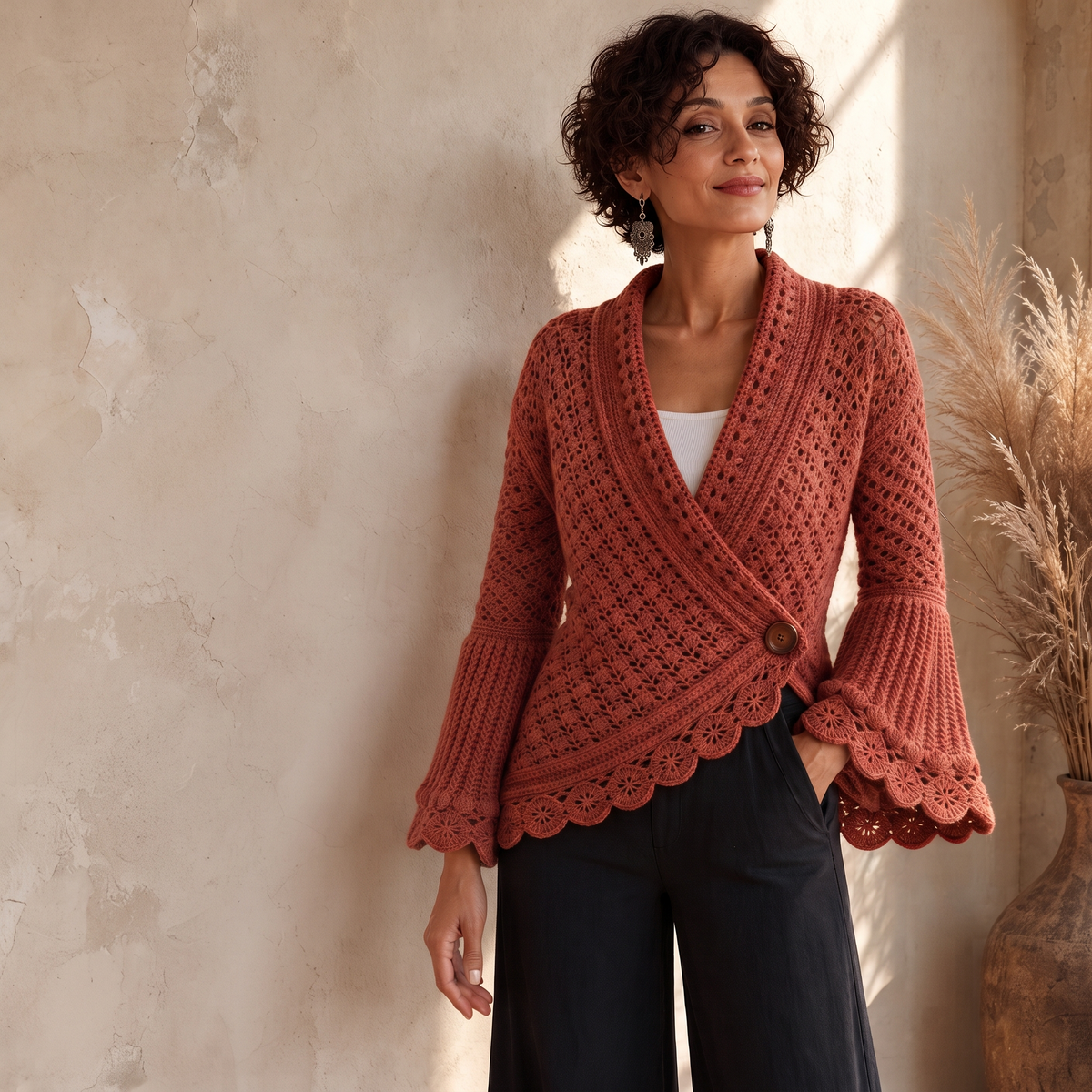 Mayfield – Crochet Scalloped Hem Wrap Cardigan