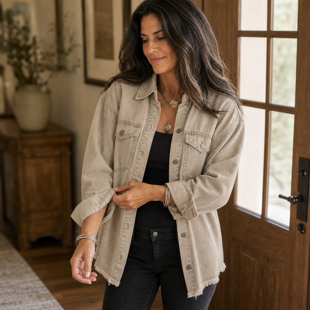 Frayden – Washed Frayed-Hem Denim-Look Jacket