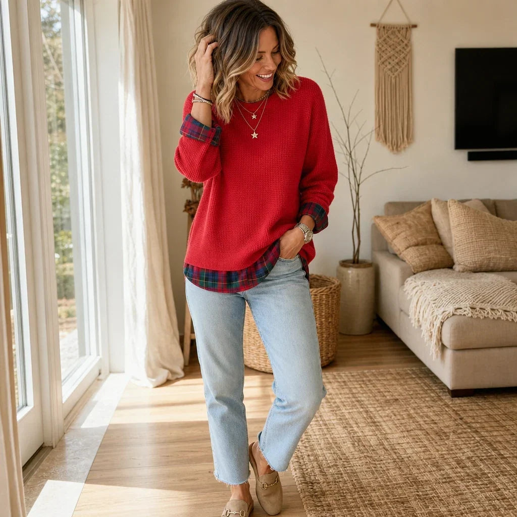 Plaidelle – Waffle Knit Plaid-Trim Crewneck Sweatshirt