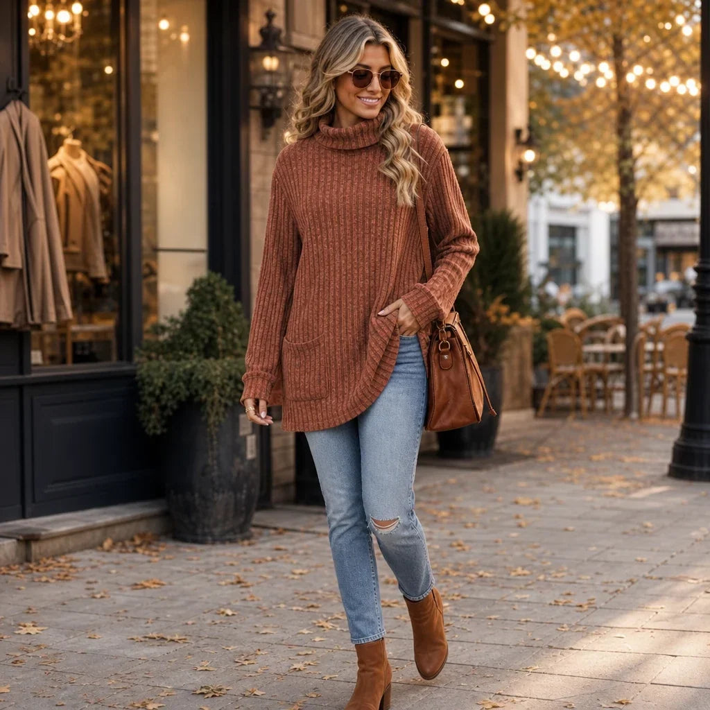 Cozyline – Ribbed Mock Neck Pocket Tunic