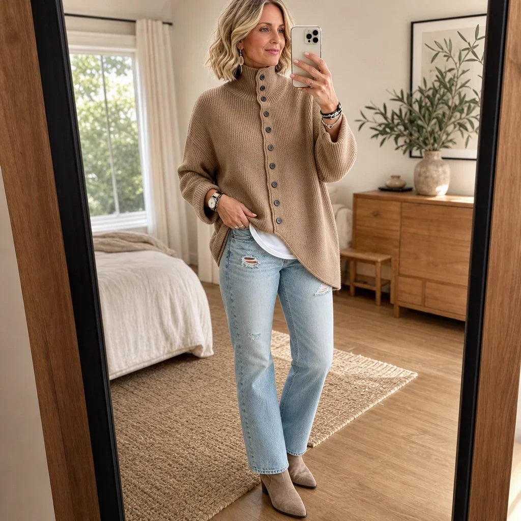 Sorella – Ribbed Asymmetric Button-Front Sweater