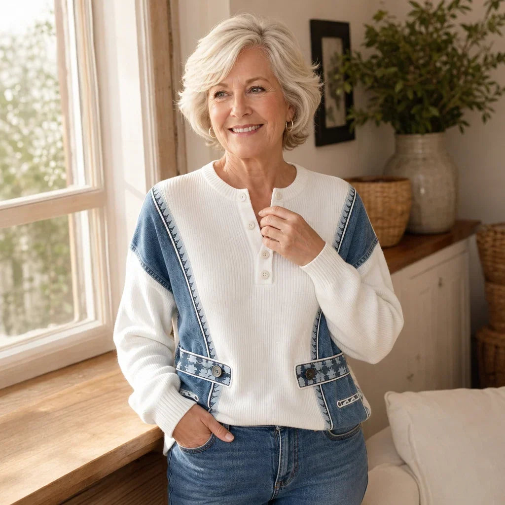 Denimelle – Denim-Look Detail Ribbed Henley Sweater