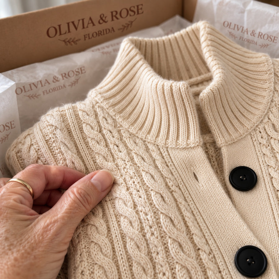 The black buttons and cable knit of the Albertina in its Olivia & Rose box
