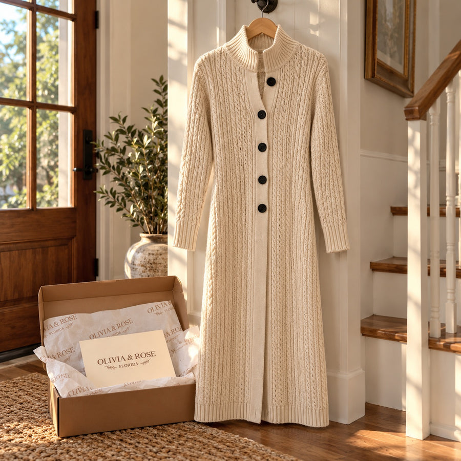 The Albertina duster cardigan on a hanger in the front hallway
