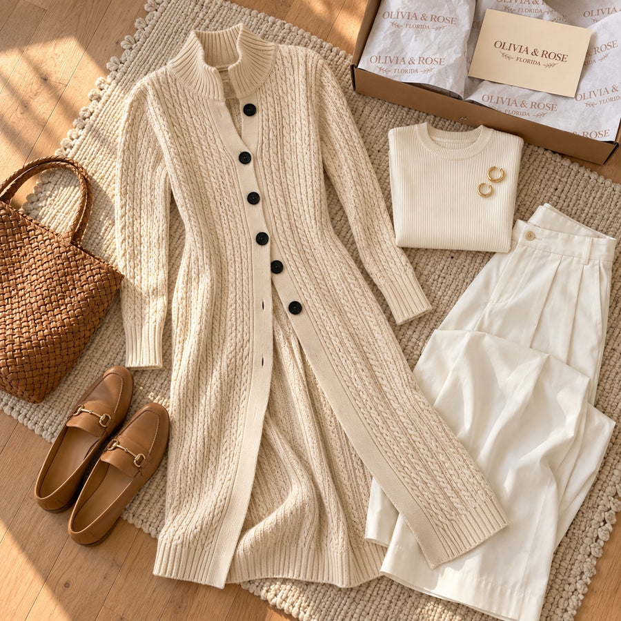 The beige Albertina cardigan with a cream knit top, ivory trousers and loafers