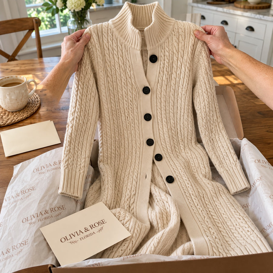 Unboxing the Albertina duster cardigan at the kitchen table