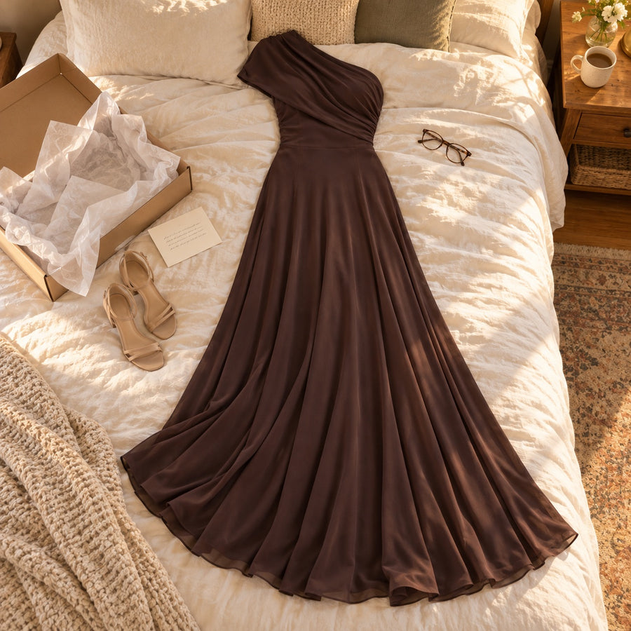 The Amelia laid out on a bed, showing the long, full skirt