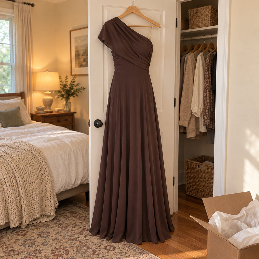 The chocolate brown Amelia on a hanger