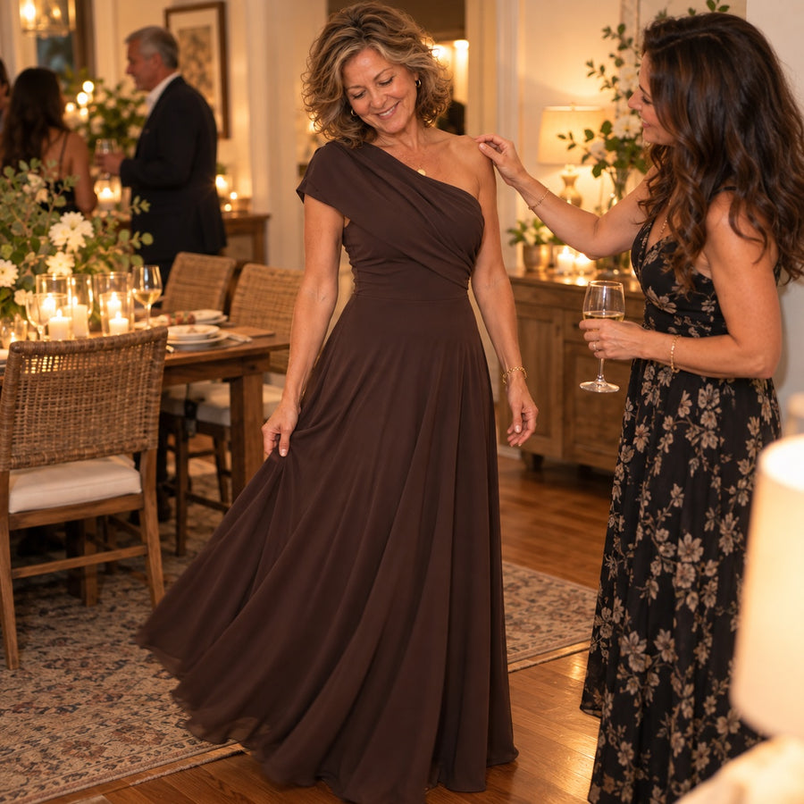 A woman wearing the Amelia at an evening party