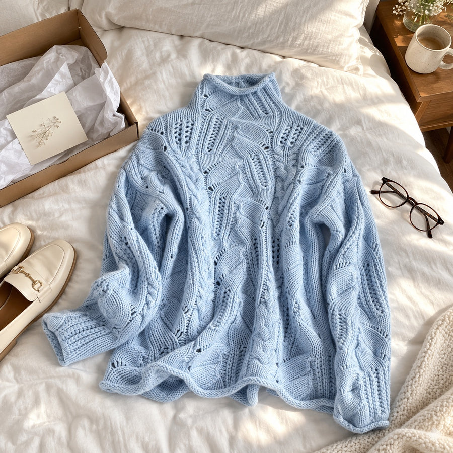 The Aurora sweater laid out on a bed