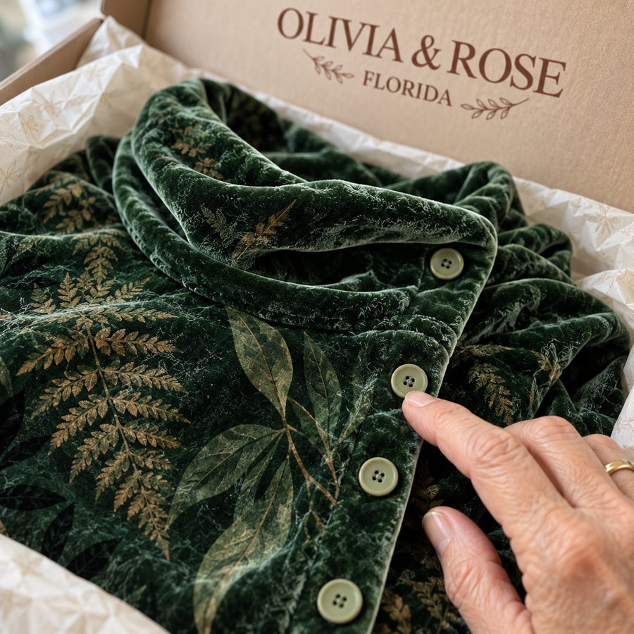 The cowl neck and side buttons of the Chloe velvet tunic in its Olivia & Rose box